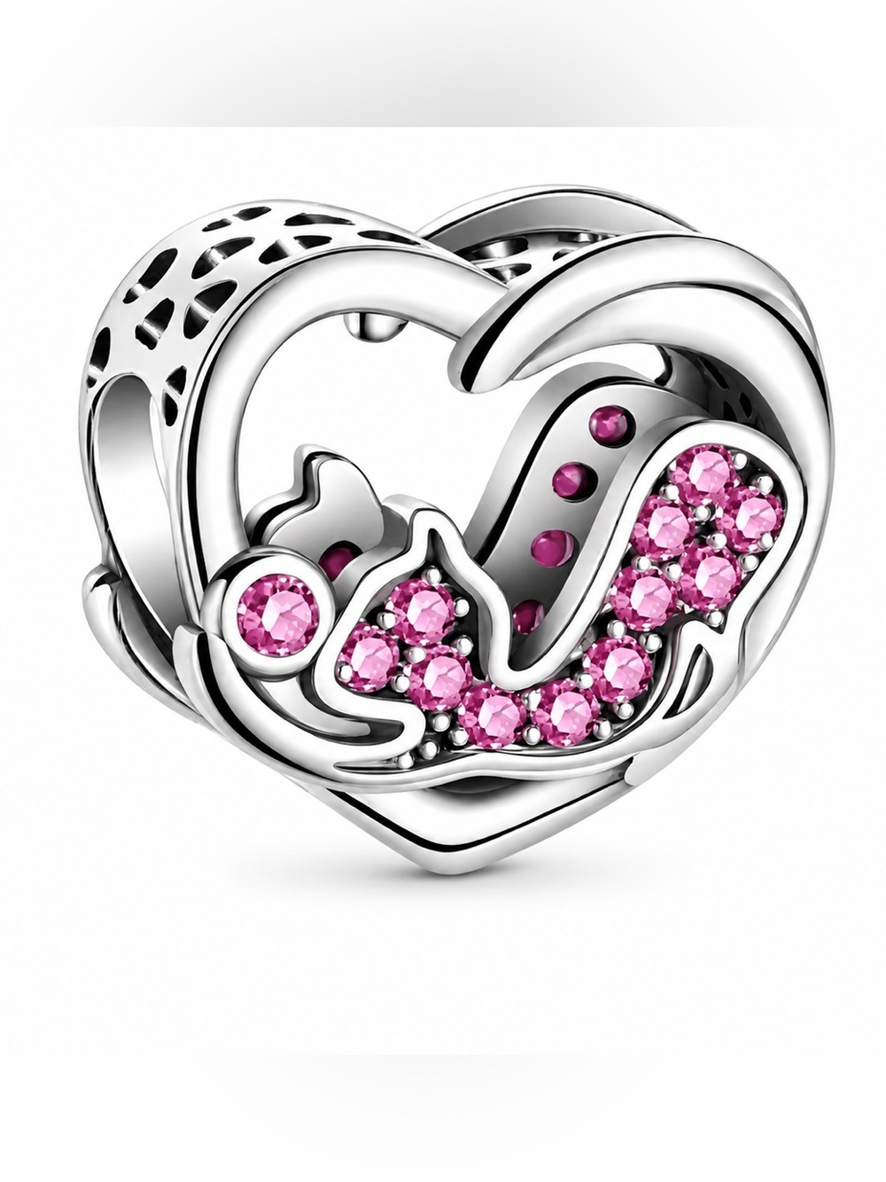 925 Sterling Silver Cat Playing with Yarn Heart Charm Pink CZ-NEW